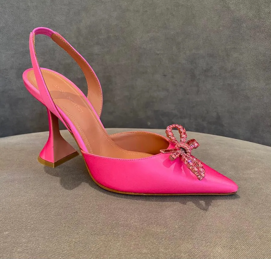 Amina Muaddi Rosie Satin Slingback Pumps (Pink)