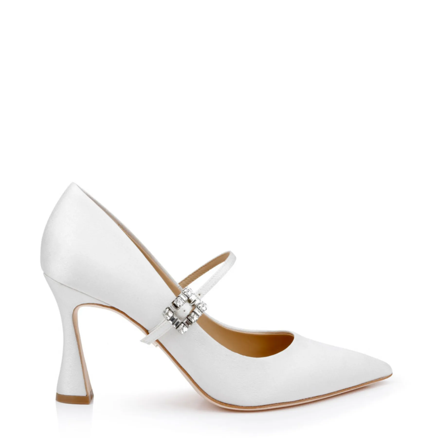 Antonia - Pointed Toe Mary Jane Pumps with Crystal Buckle - White