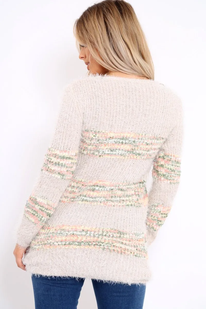 Beige Fur Knit Jumper with colourful stripe detail - Anabella