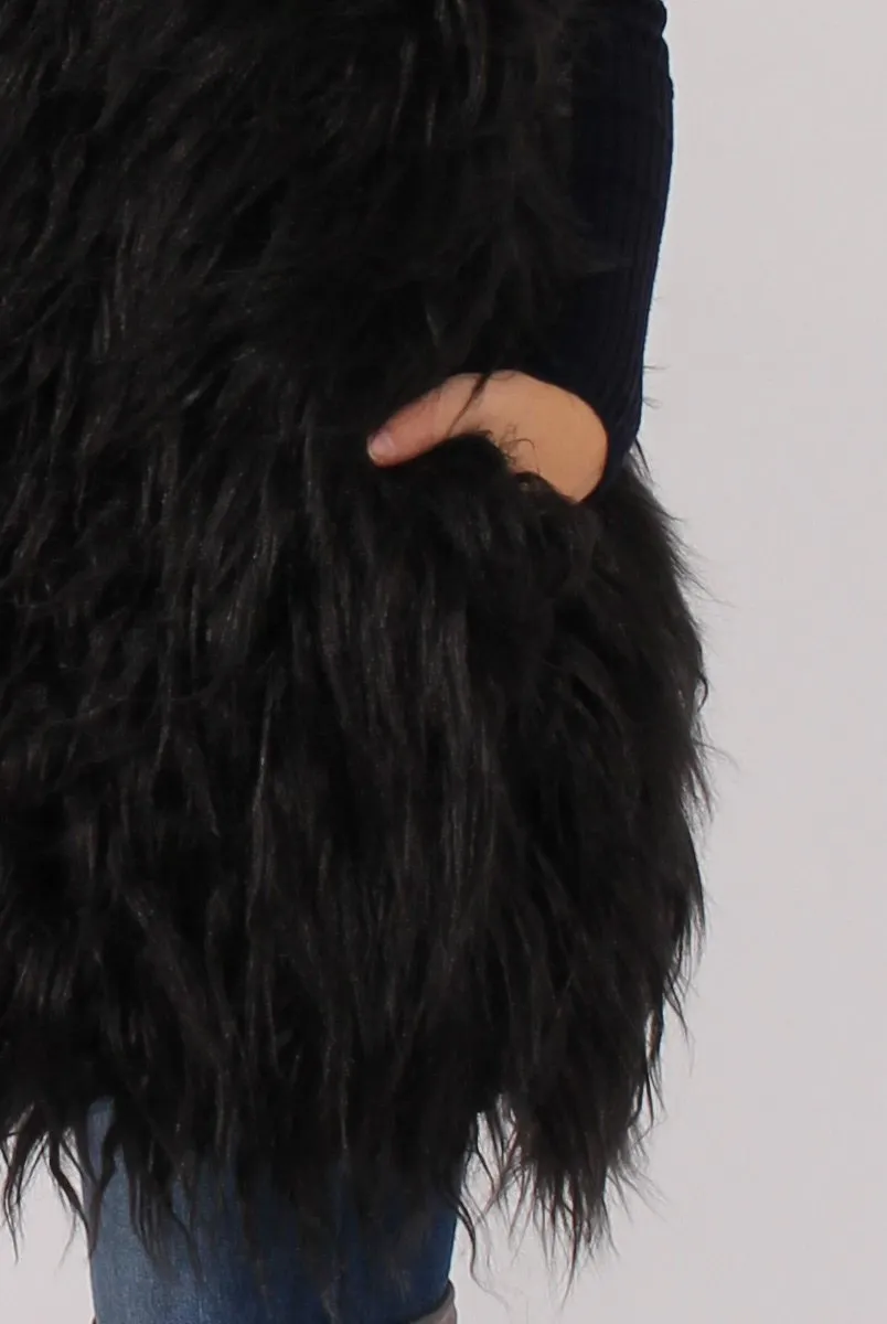 Black Faux Fur Shaggy Gilet - Liberty