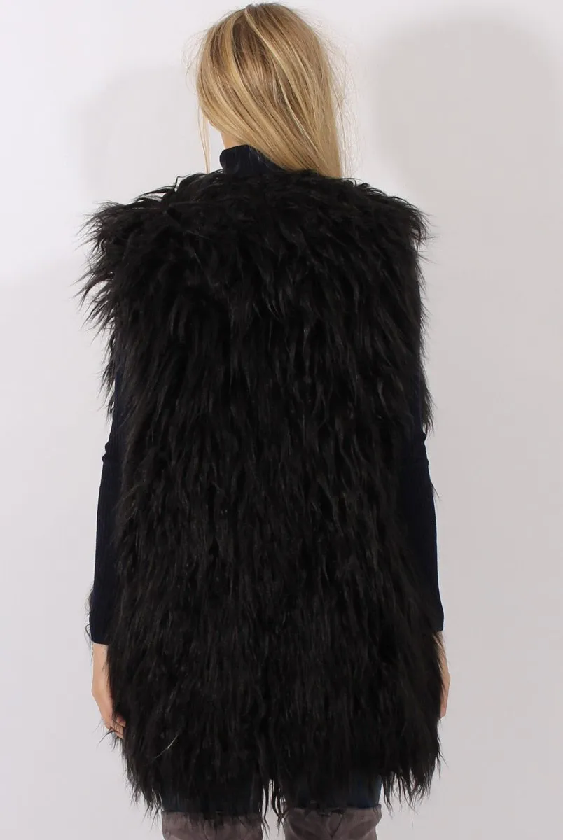 Black Faux Fur Shaggy Gilet - Liberty