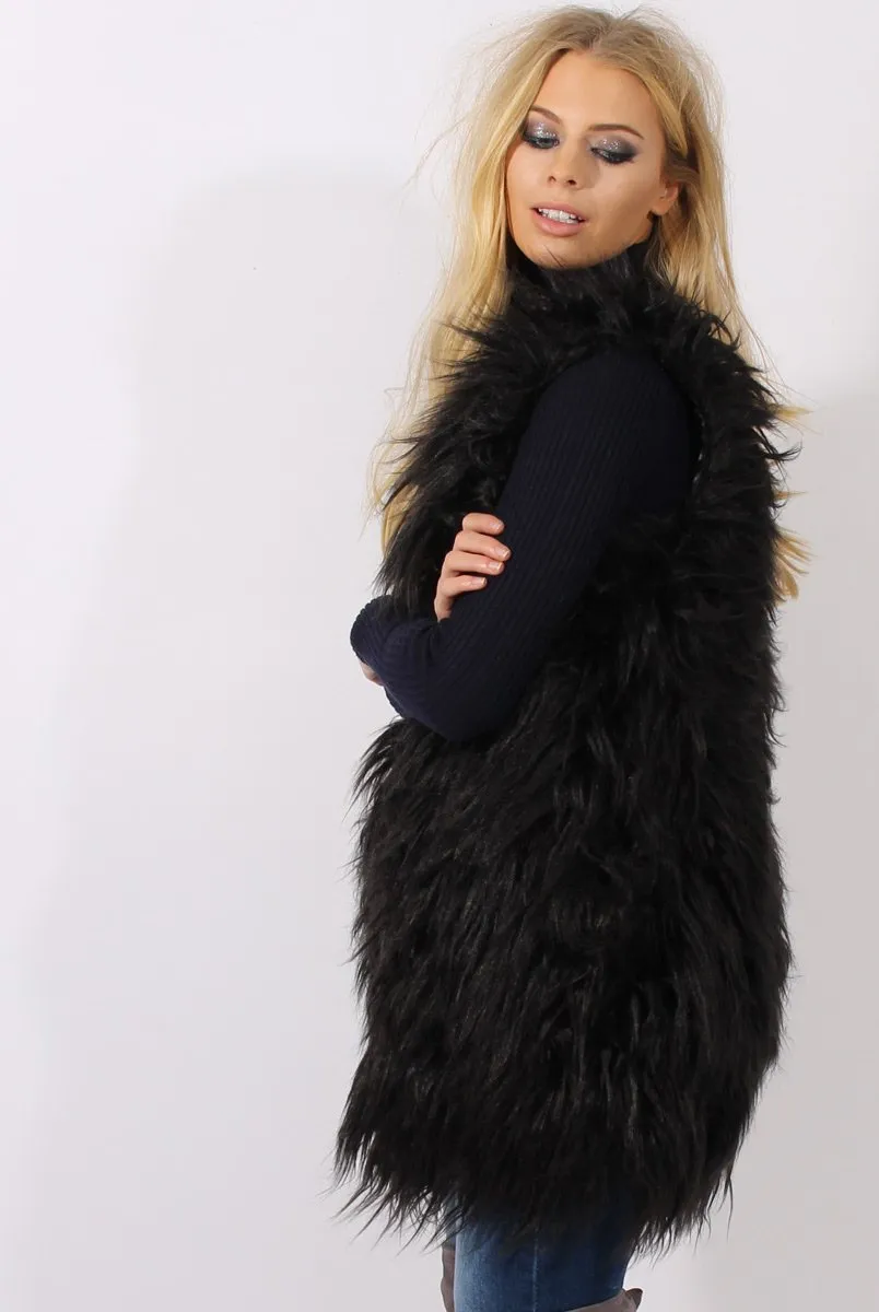 Black Faux Fur Shaggy Gilet - Liberty