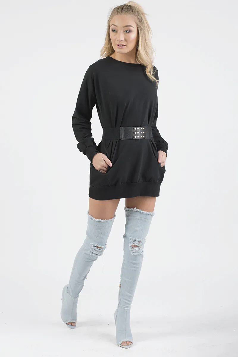 Black Oversized Ruched Sleeves Jumper Dress - Hayley