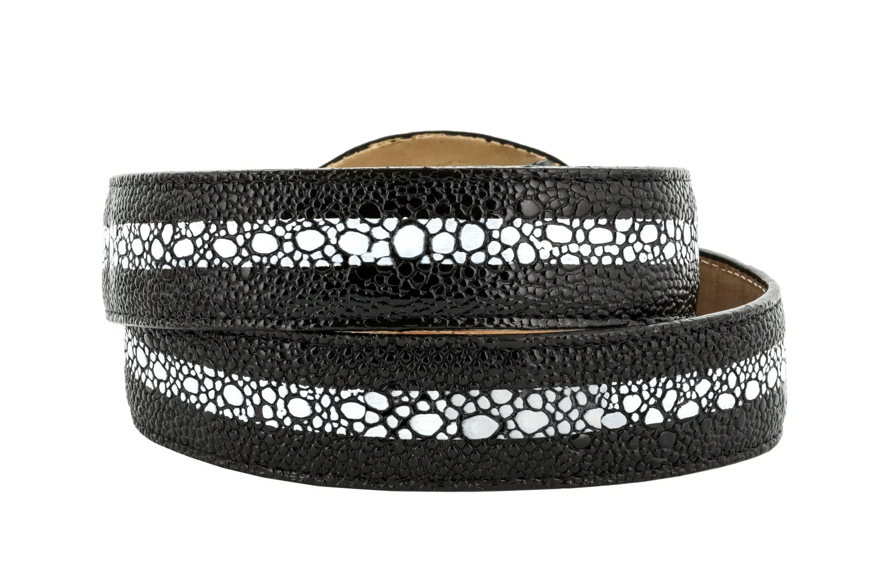 Black Western Cowboy Belt Stingray Print Leather - Rodeo Buckle