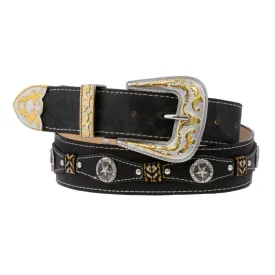 Black Western Cowboy Leather Belt Navajo Concho - Silver Buckle