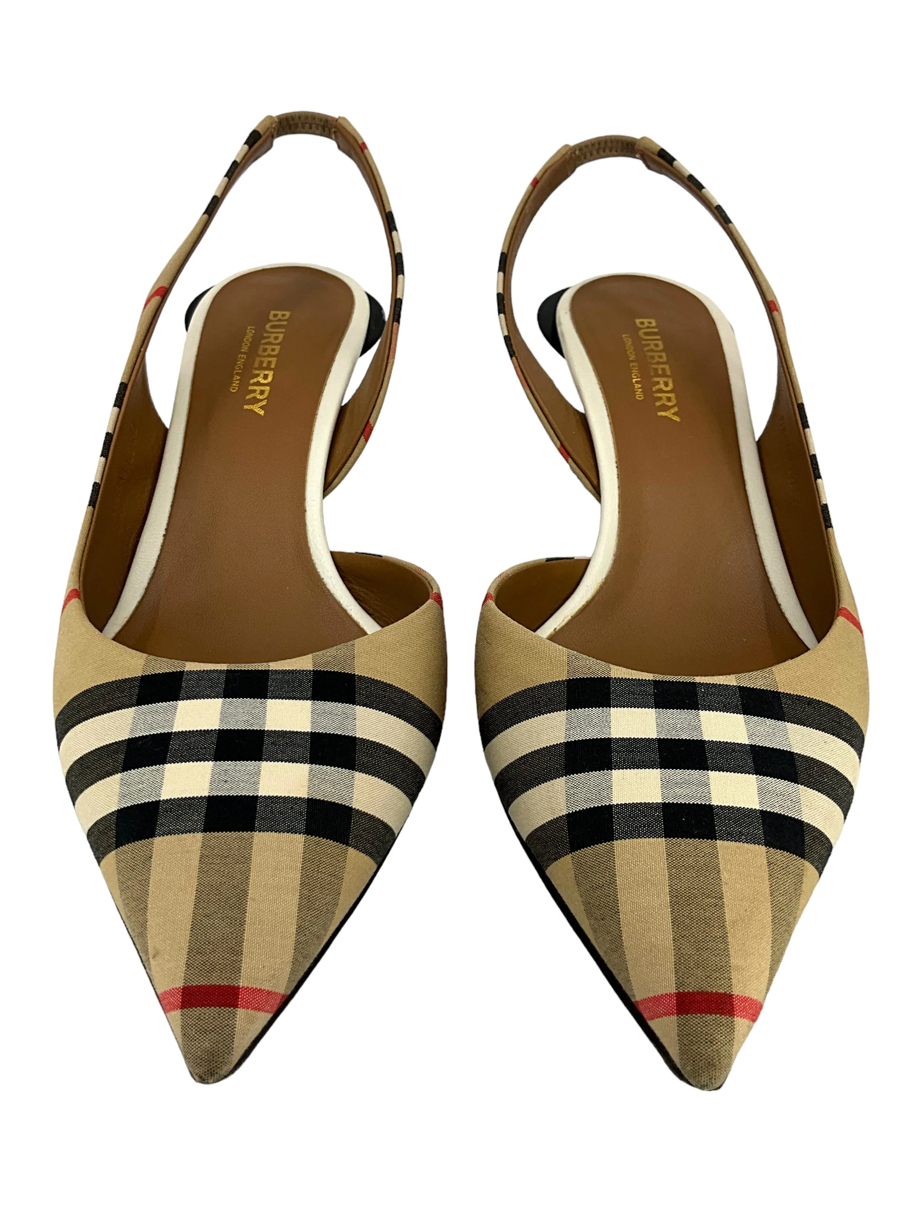 BURBERRY Nova Check Pattern Canvas Slingback Pumps Size 6.5