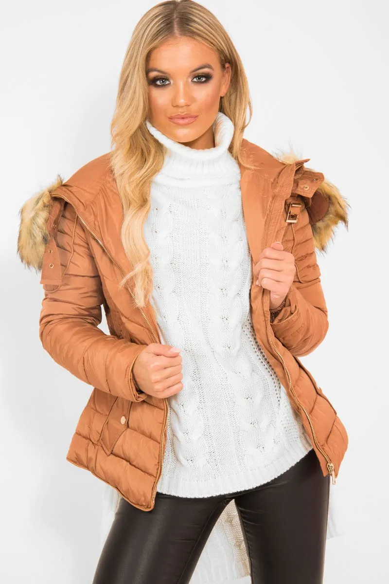 Caramel Faux Fur Hood Gold Detail Puffer Coat - Rylah