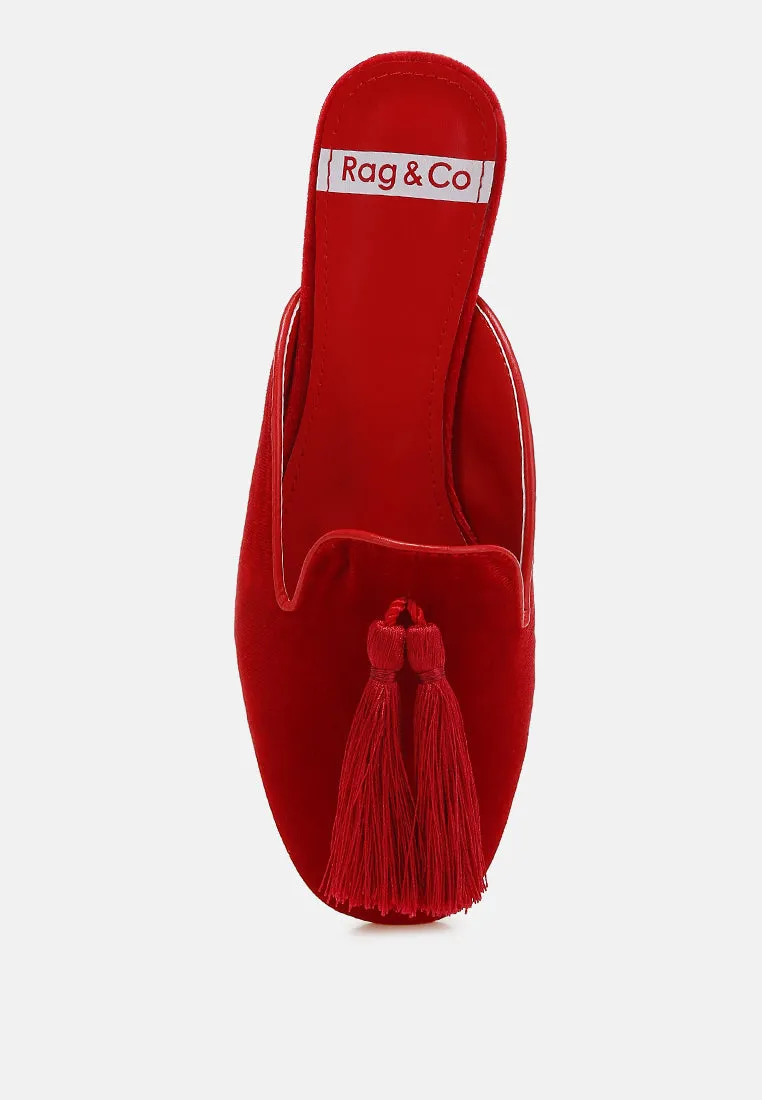 Cardinal Tassel Detail Velvet Mules