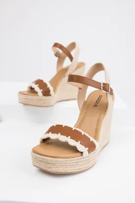 Cognac Crochet Trim Strap Espadrille Wedges