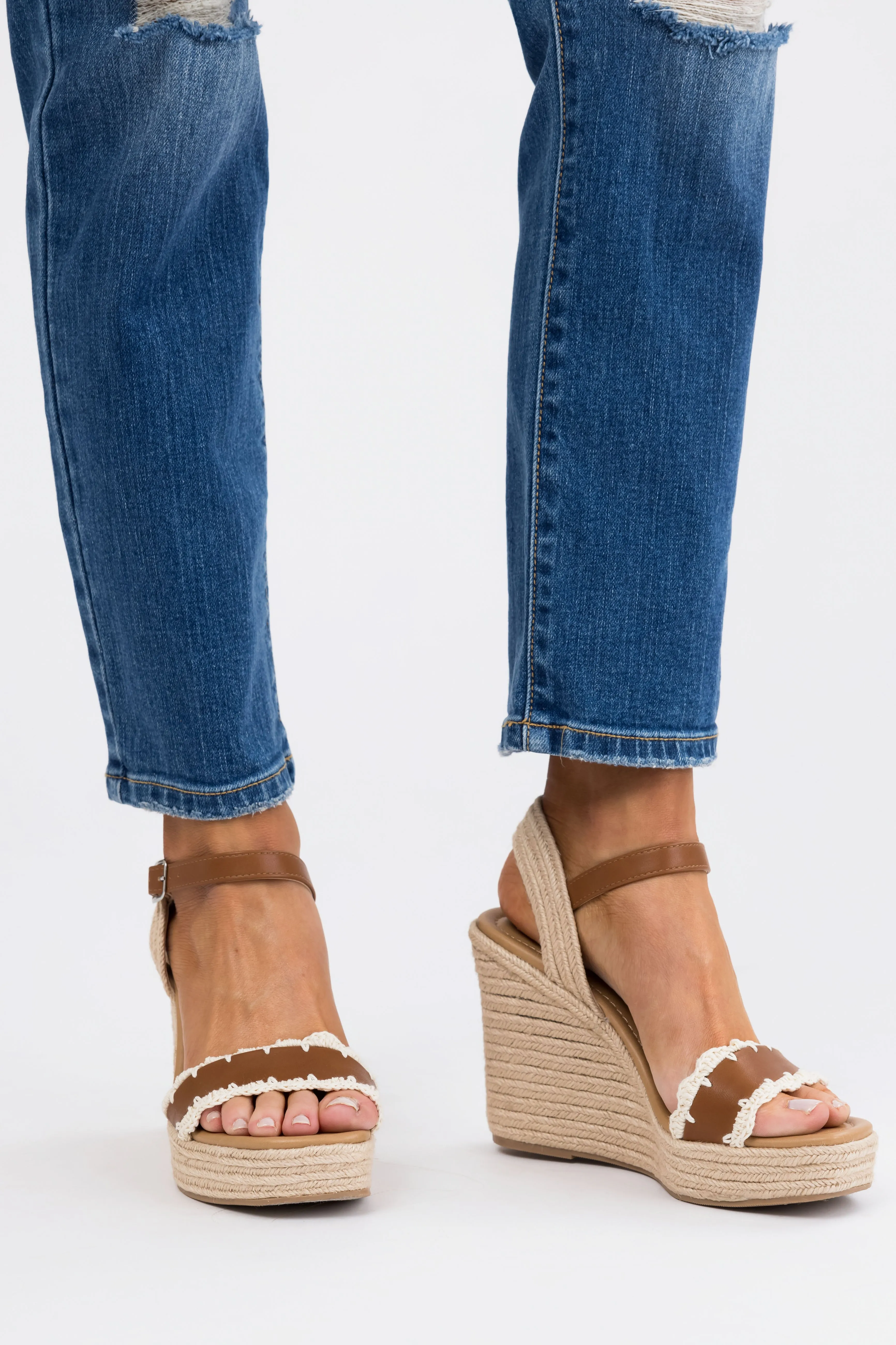 Cognac Crochet Trim Strap Espadrille Wedges