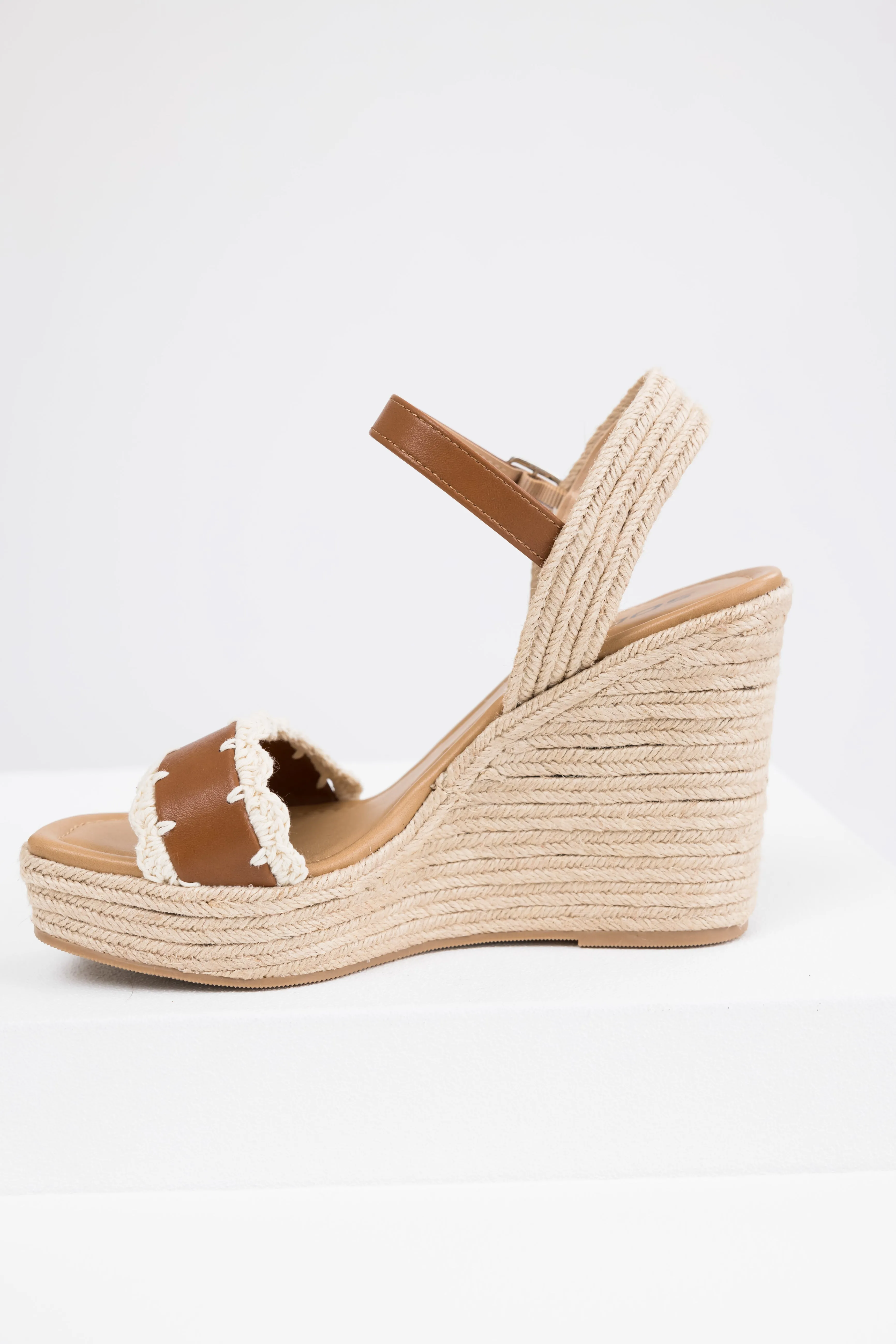 Cognac Crochet Trim Strap Espadrille Wedges