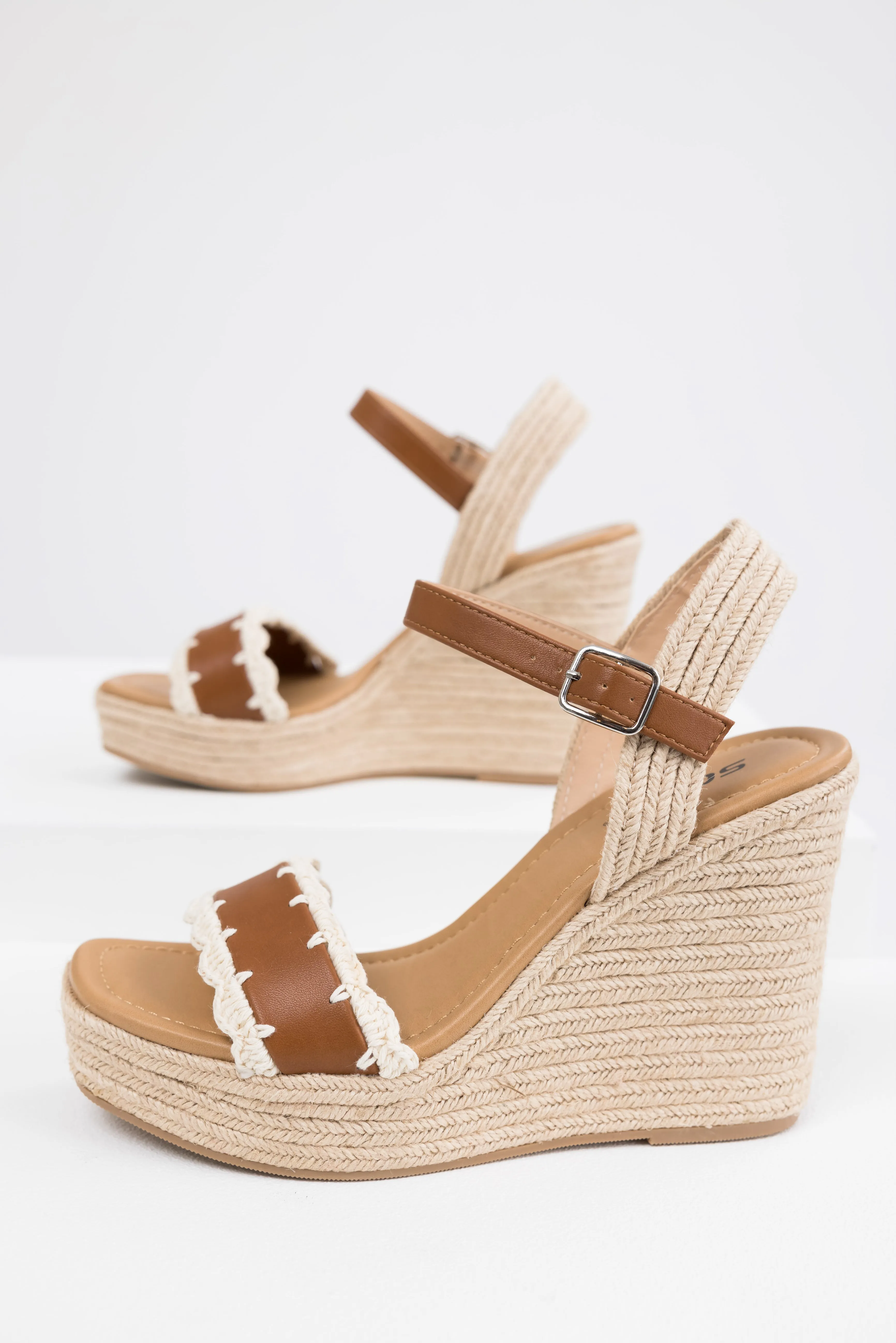 Cognac Crochet Trim Strap Espadrille Wedges