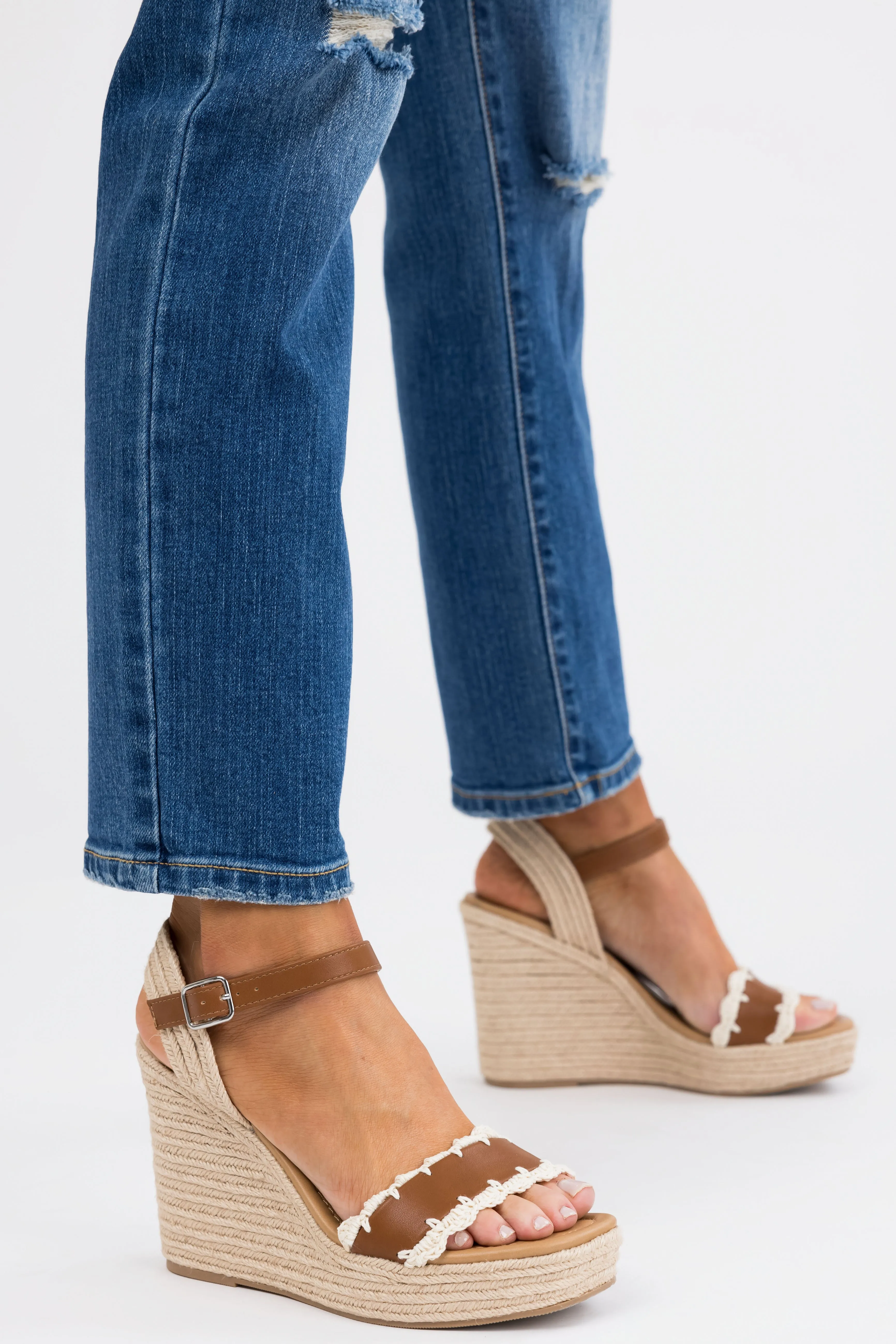 Cognac Crochet Trim Strap Espadrille Wedges