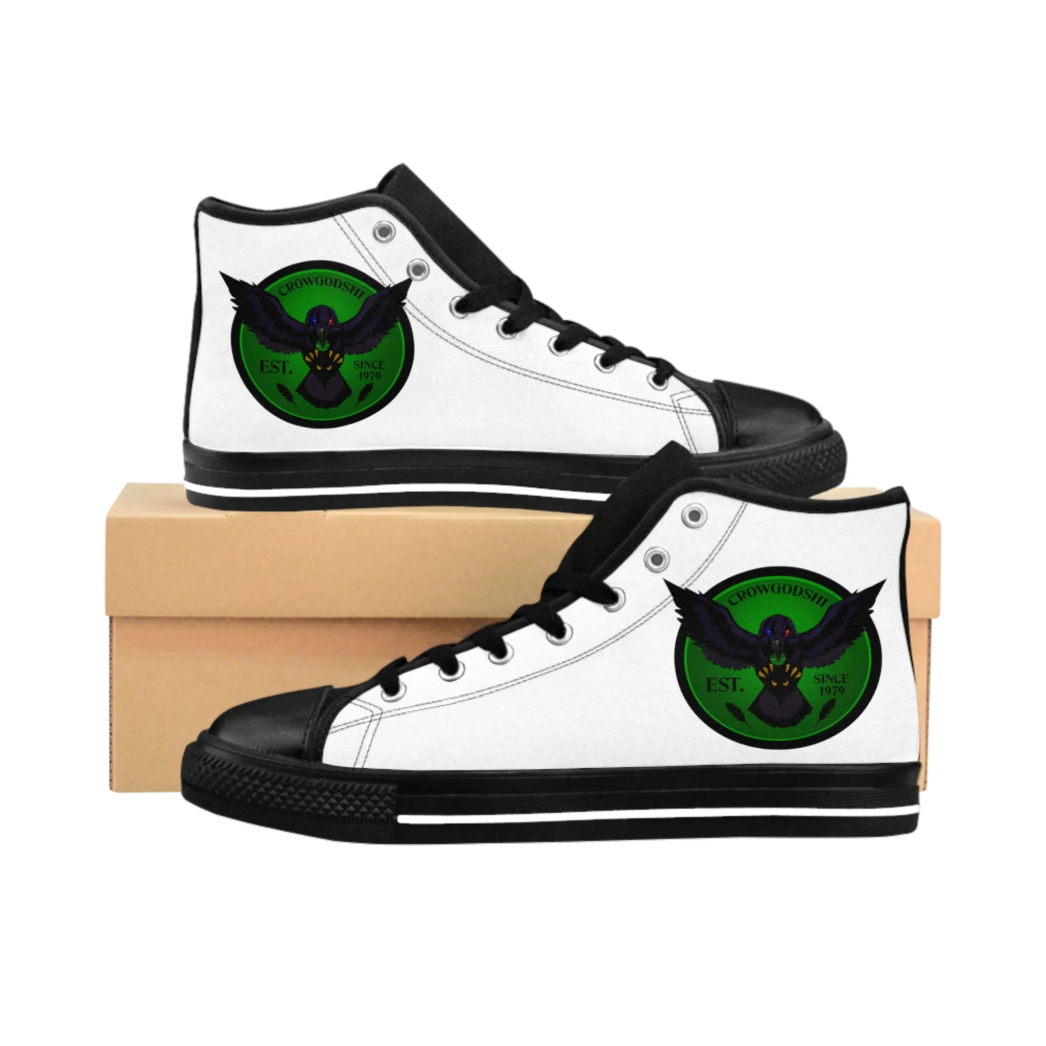 Crowgodshi 2nd Gen. High-Tops, White on White w/ GREEN LOGO