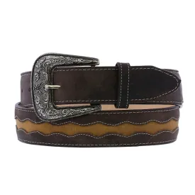 Dark Brown Western Cowboy Belt Overlay Leather - Silver Buckle