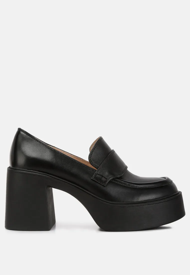 Elspeth Heeled Platform Leather Loafers in Black