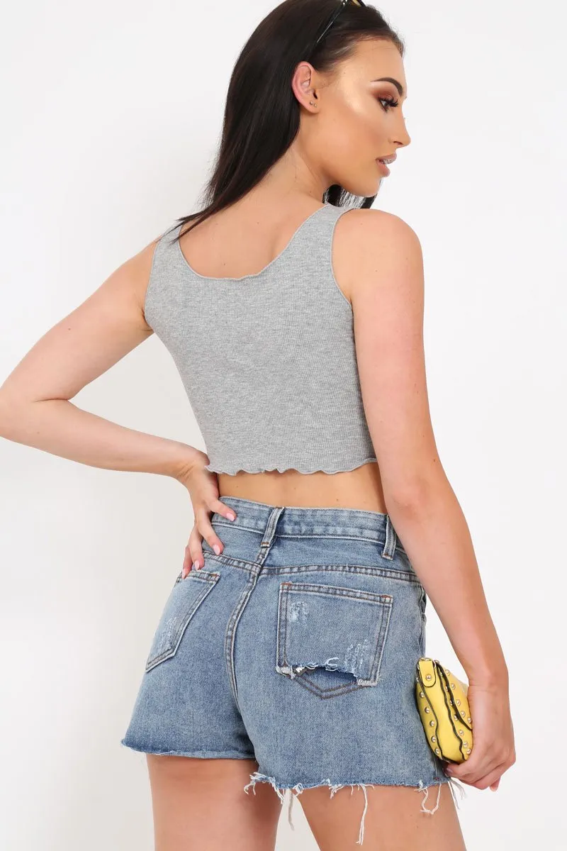 Grey Button Front Crop Top -Teia