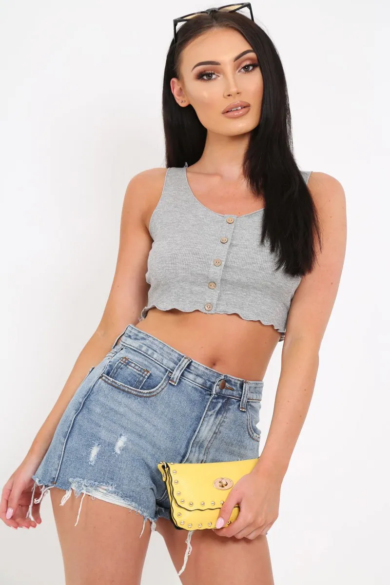 Grey Button Front Crop Top -Teia