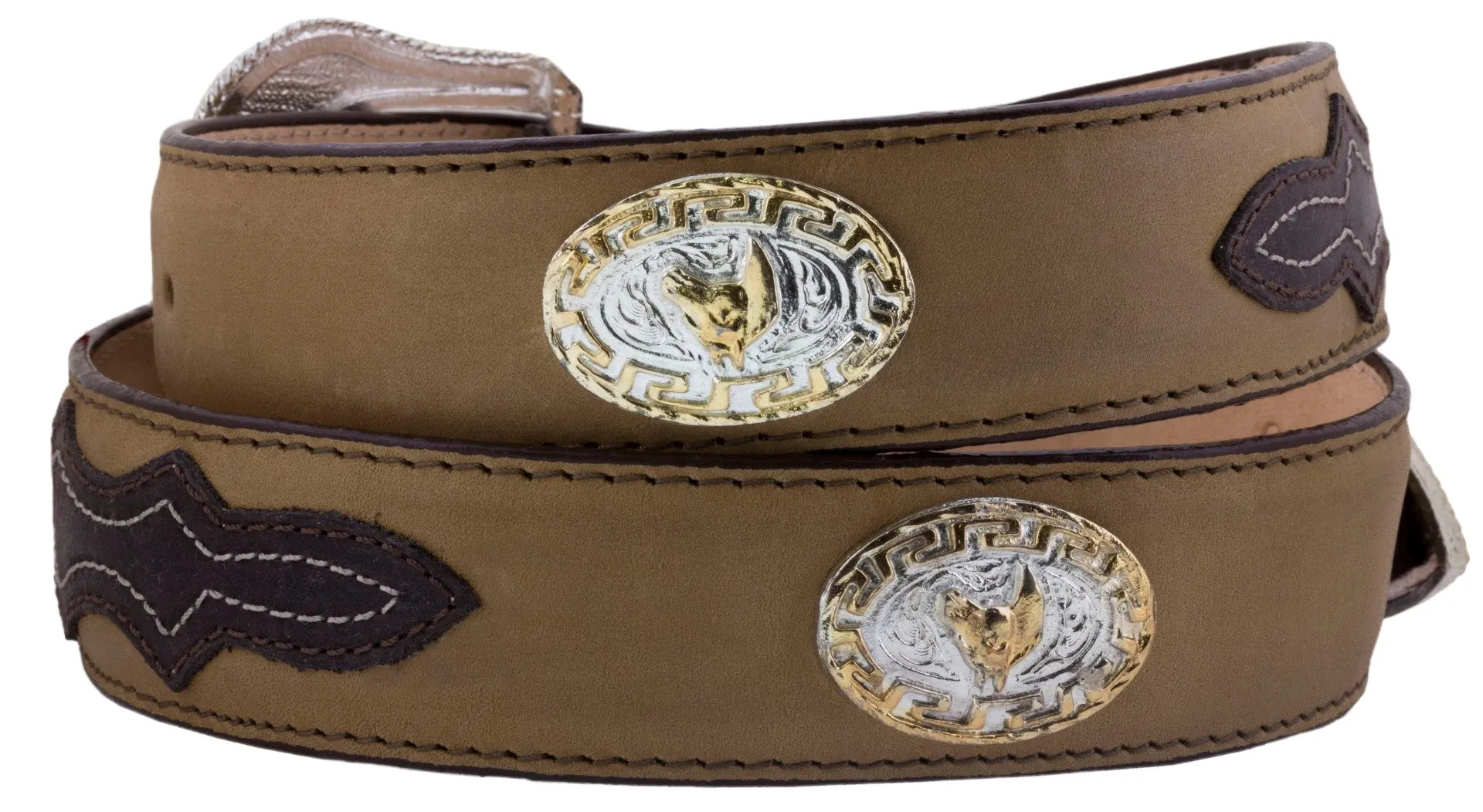 Honey Brown Western Cowboy Leather Belt Horse Concho - Silver Buckle