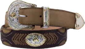 Honey Brown Western Cowboy Leather Belt Horse Concho - Silver Buckle