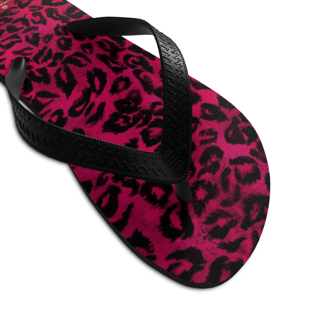 Hot Pink Leopard Flip Flops, Animal Print Unisex Flip-Flops Beach Pool Sandals- Made in USA