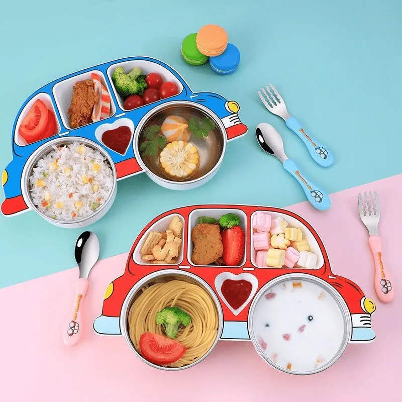 Kids Cartoon Dinner Plate Set 4pcs Stainless Steel with Lids