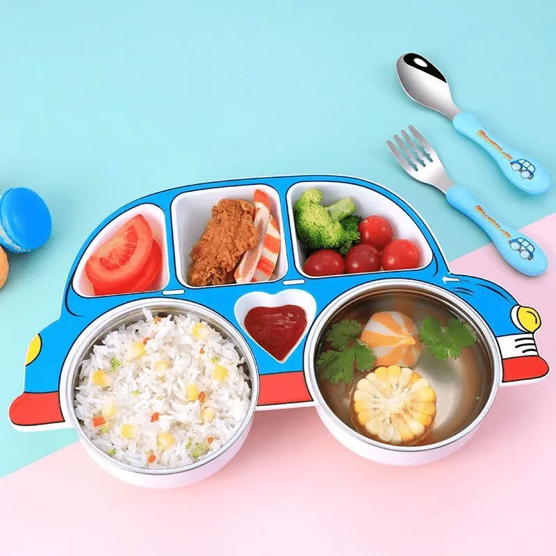 Kids Cartoon Dinner Plate Set 4pcs Stainless Steel with Lids