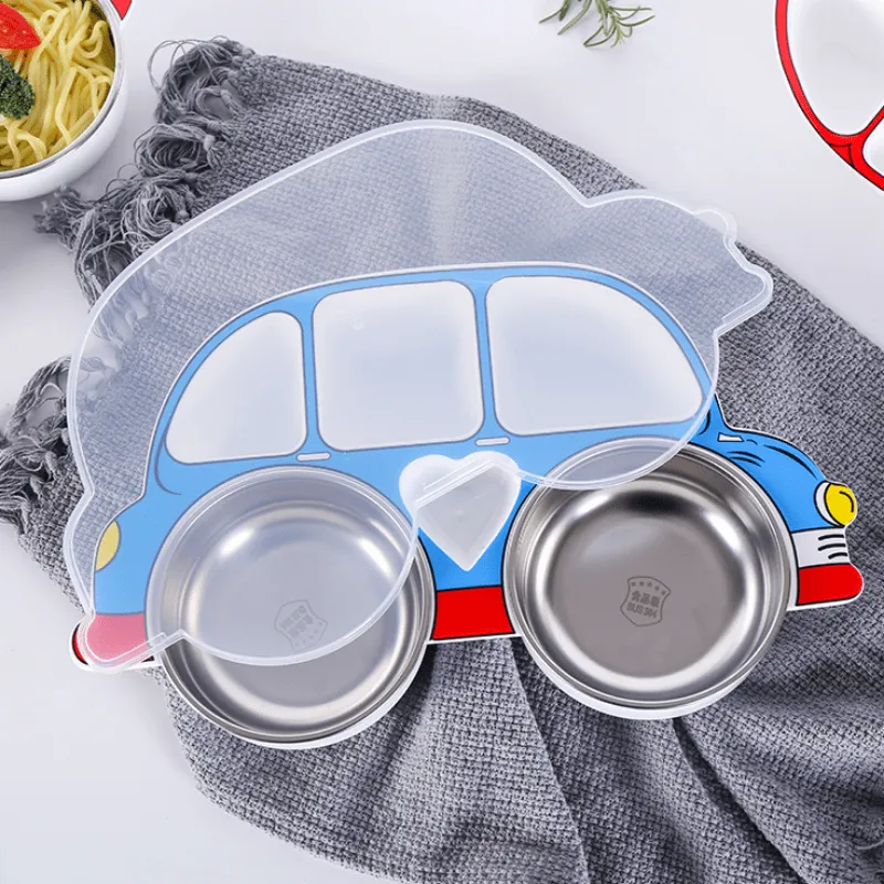 Kids Cartoon Dinner Plate Set 4pcs Stainless Steel with Lids