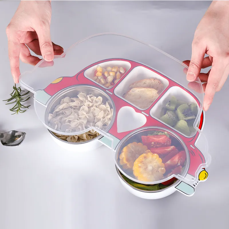 Kids Cartoon Dinner Plate Set 4pcs Stainless Steel with Lids