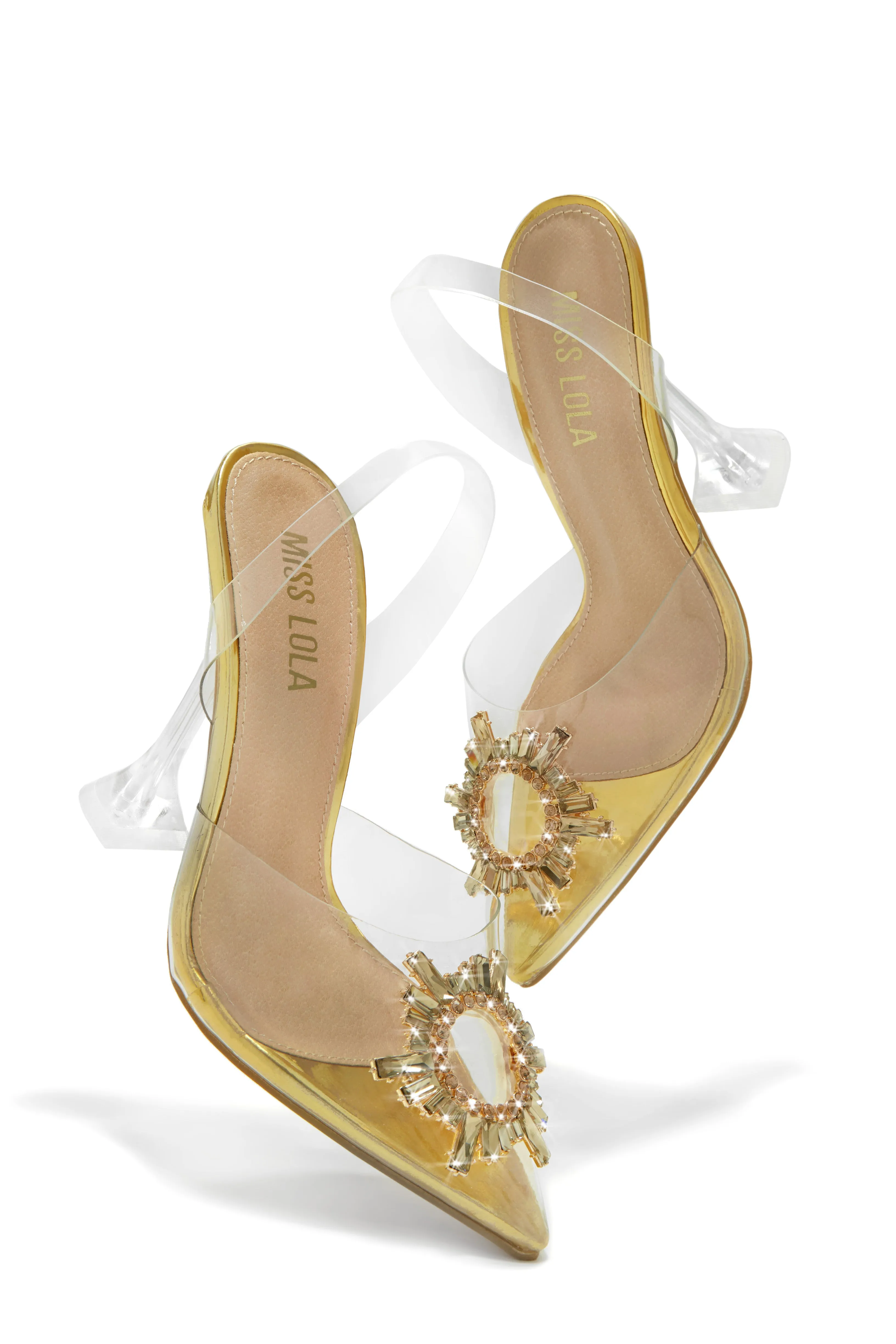 Luxe Affair Embellished Clear Pointed Toe Pumps - Gold