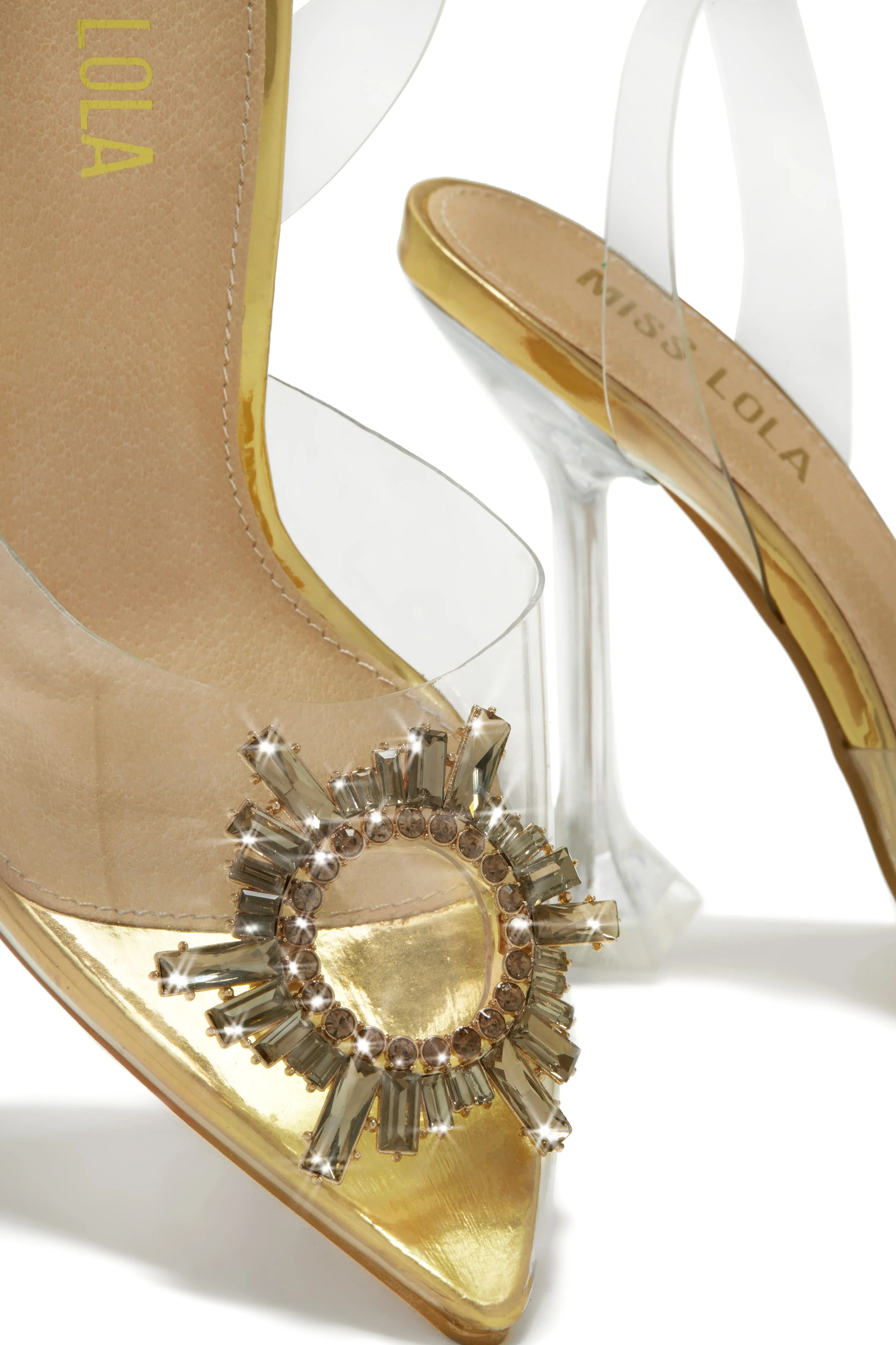 Luxe Affair Embellished Clear Pointed Toe Pumps - Gold