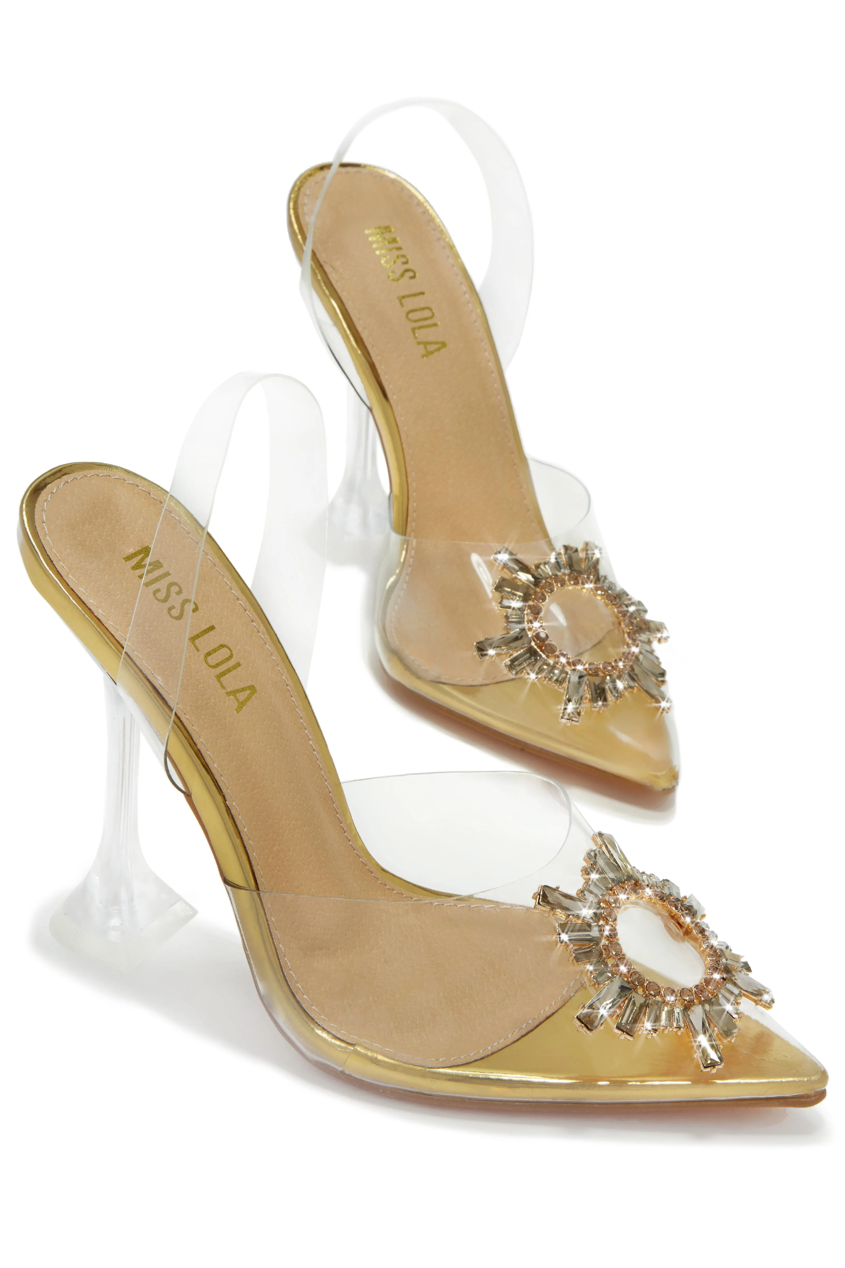 Luxe Affair Embellished Clear Pointed Toe Pumps - Gold