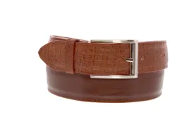 Mens Cognac Crocodile Belly Overlay Print Leather Cowboy Belt - Silver Buckle