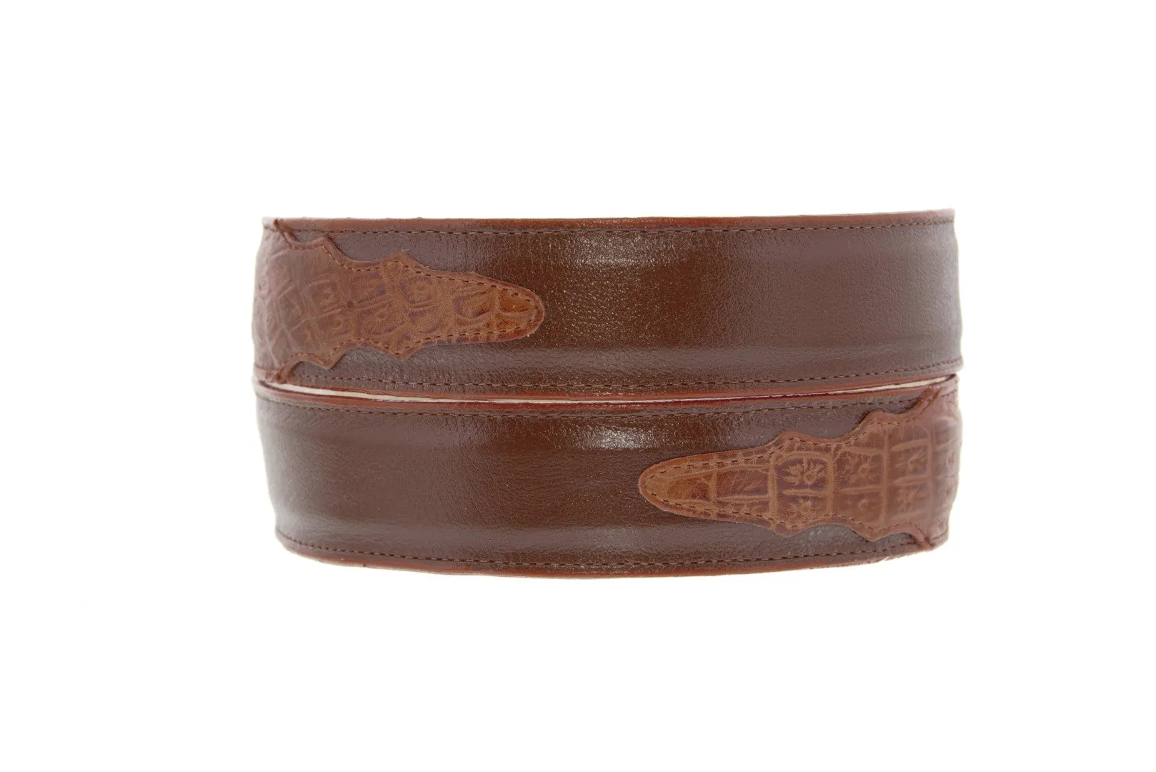 Mens Cognac Crocodile Belly Overlay Print Leather Cowboy Belt - Silver Buckle