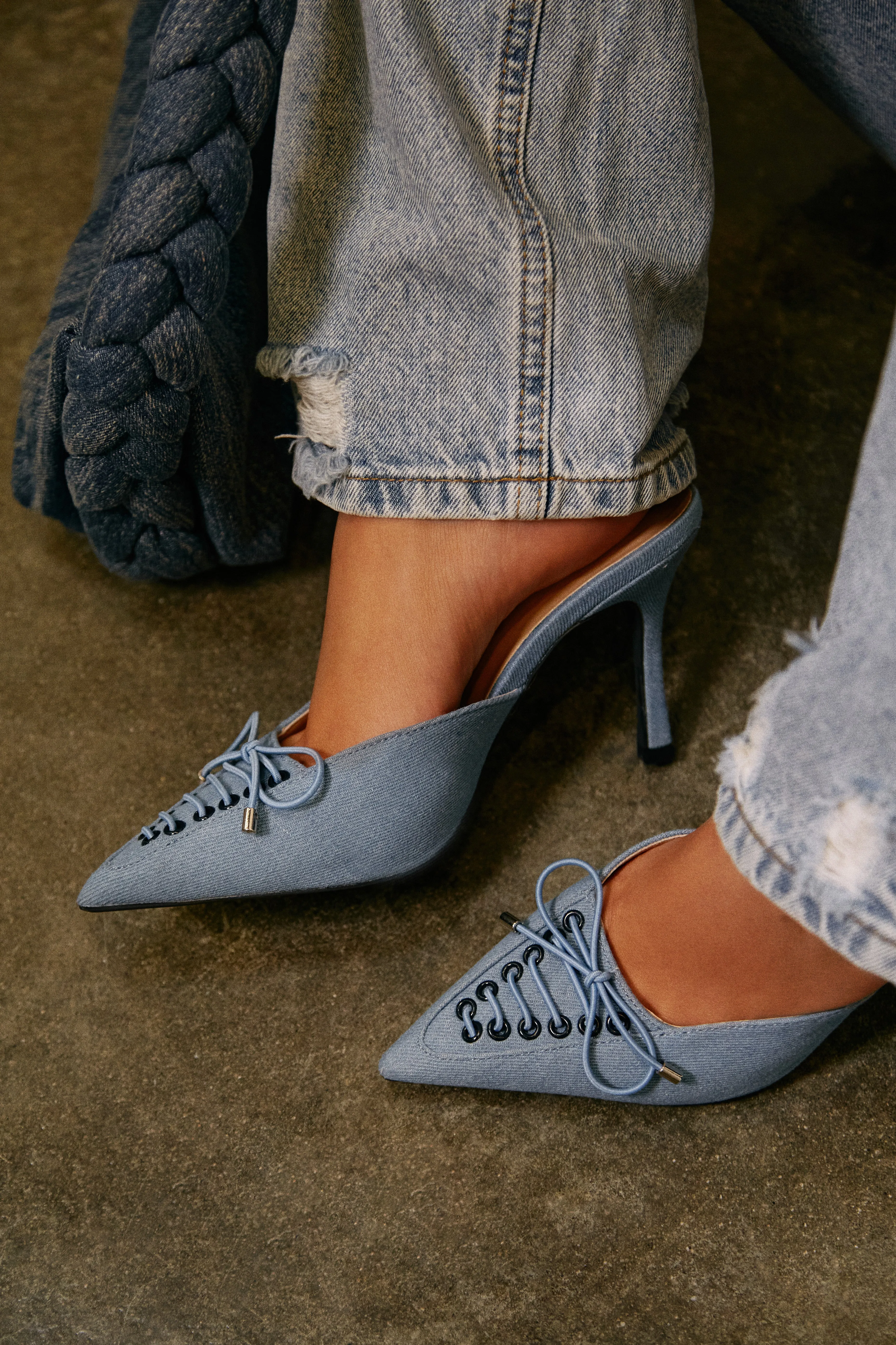 Nyla Pointed Toe Mule Heels - Denim