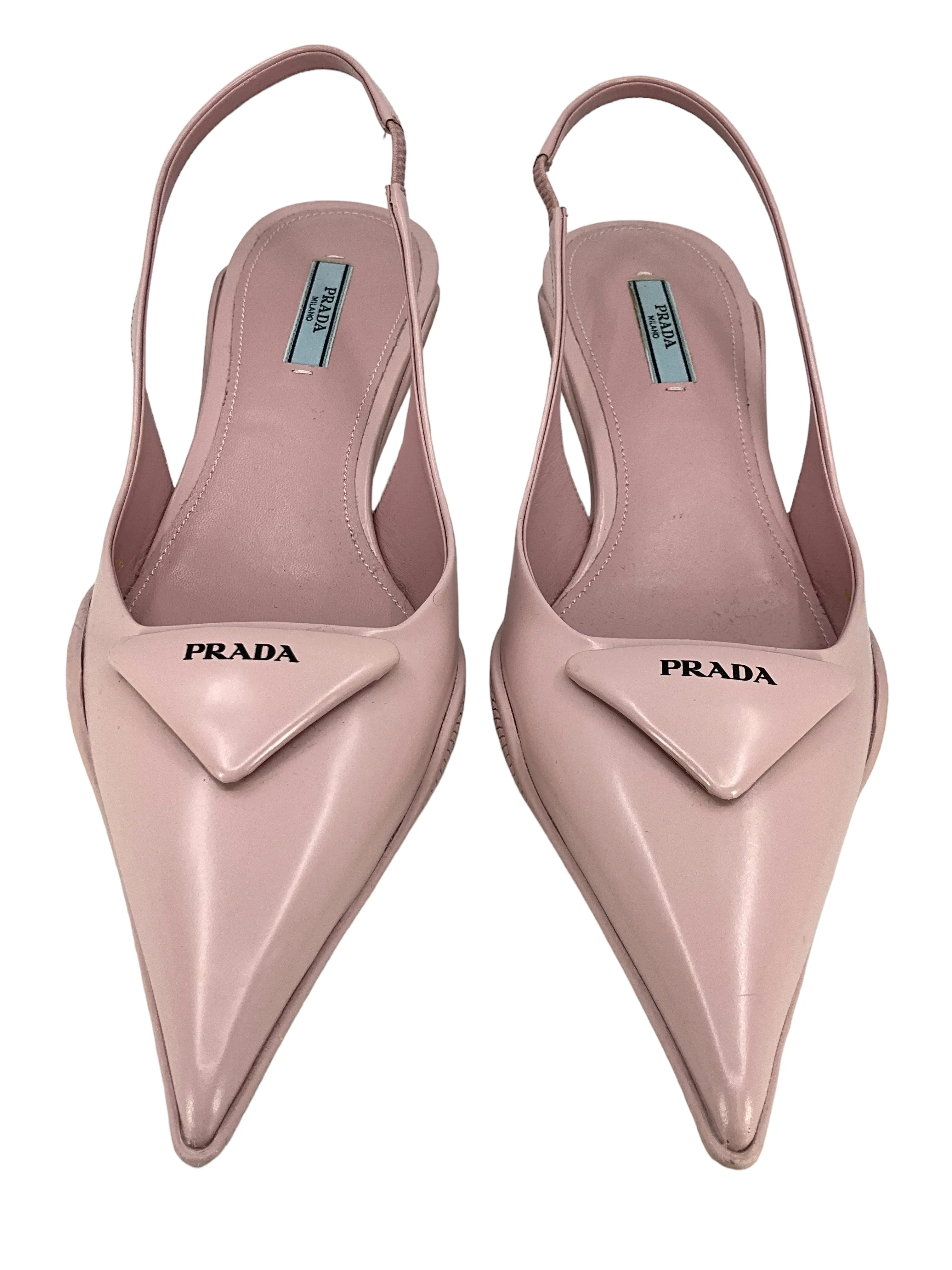 PRADA Spazzolato Triangle Logo Pointed Toe Slingback Pumps Size 8.5