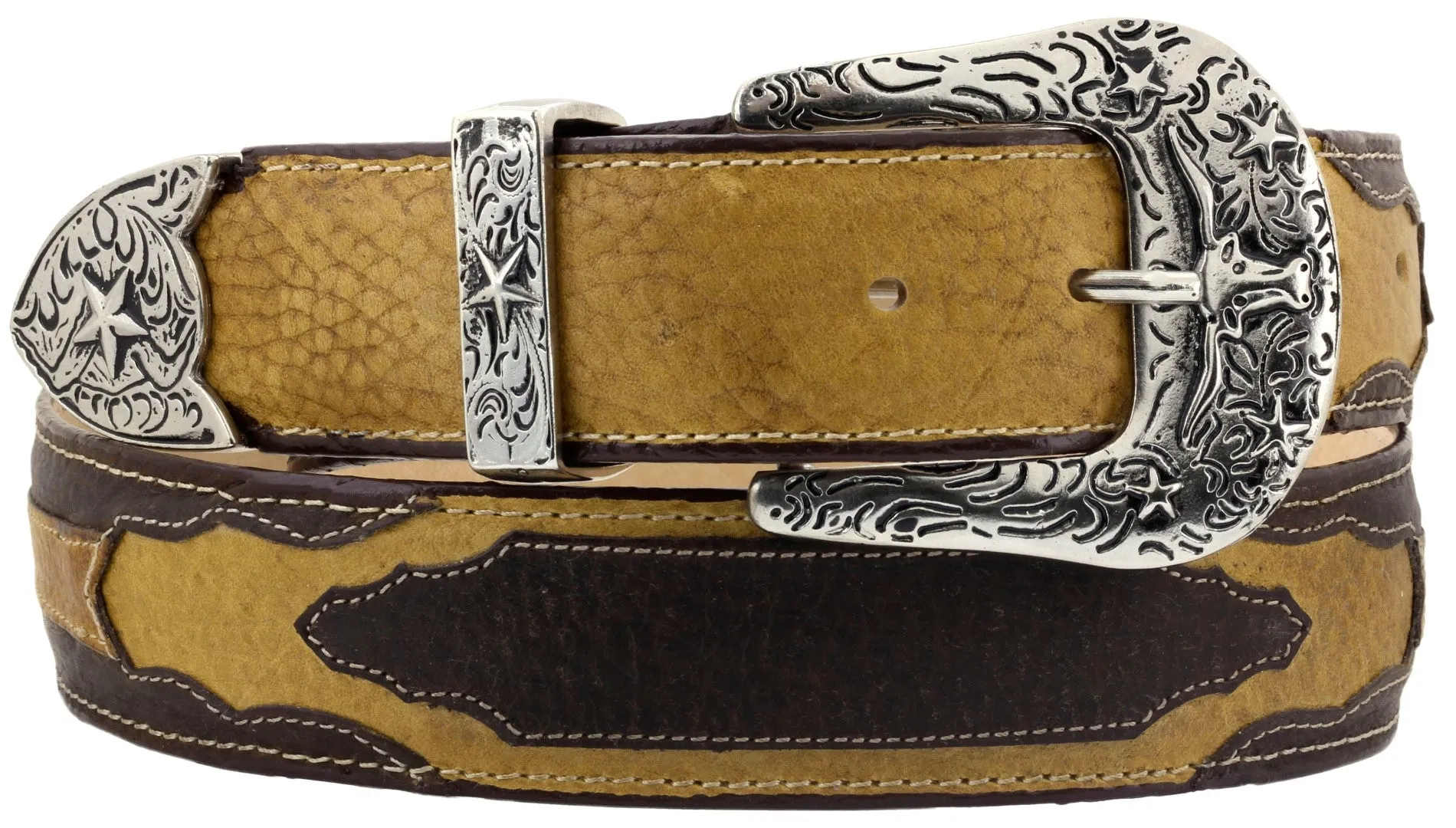 Rustic Brown Western Cowboy Belt Solid Overlay Leather - Silver Buckle