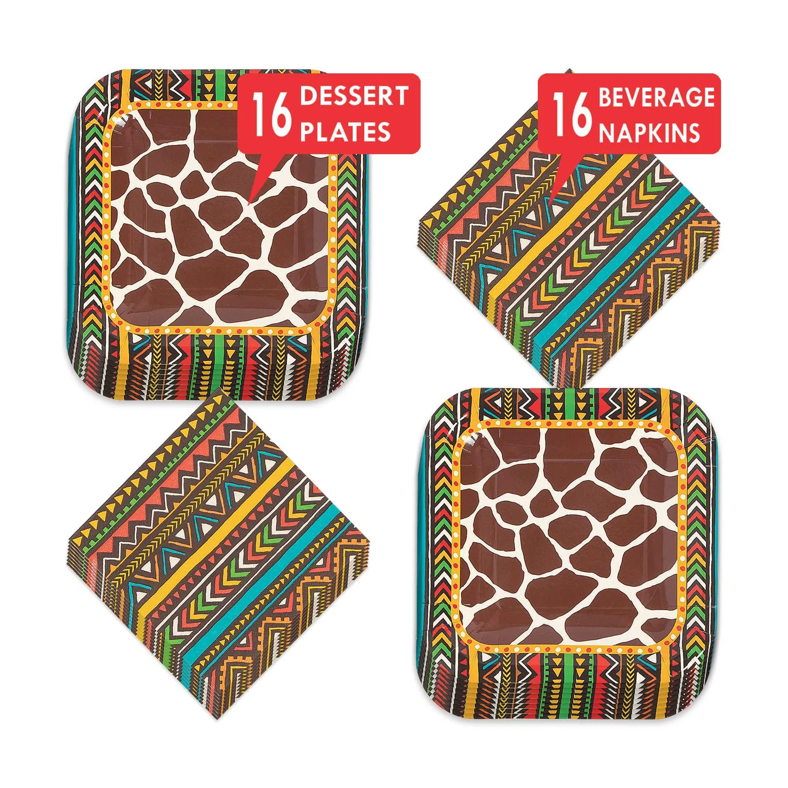 Safari Animal Print Party Supplies - Giraffe Paper Dessert Plates and Beverage Napkins (Serves 16)