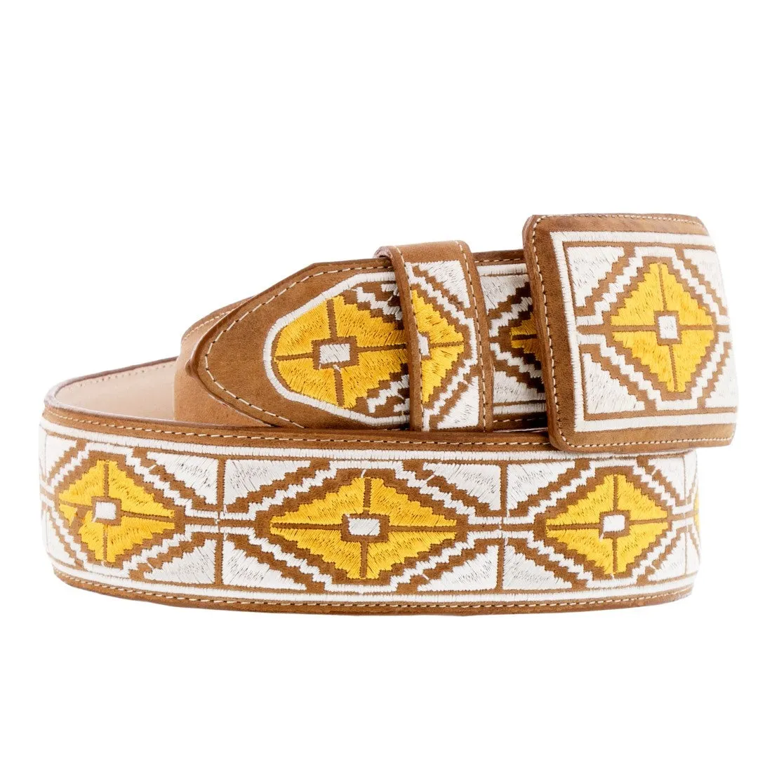 Sand Western Cowboy Belt Embroidered Leather - Rodeo Buckle