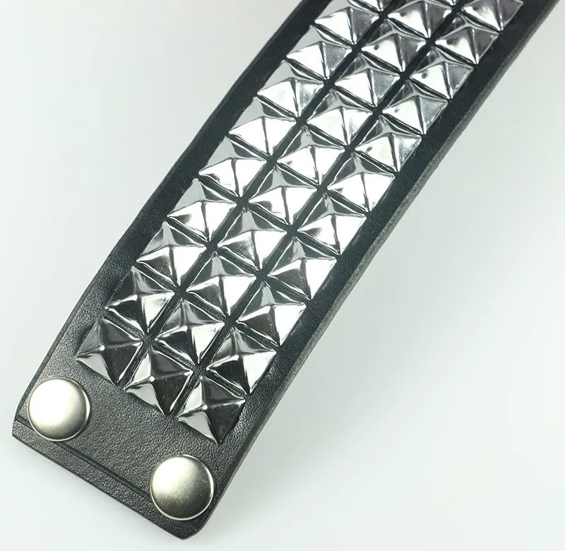 Three Row Pyramid Studded Leather Wristband