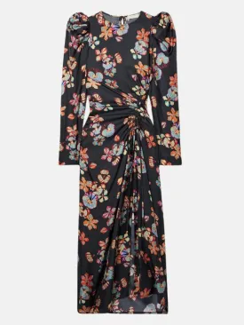 Ulla Johnson Ruched Floral Print Silk Twill Midi Dress in Black