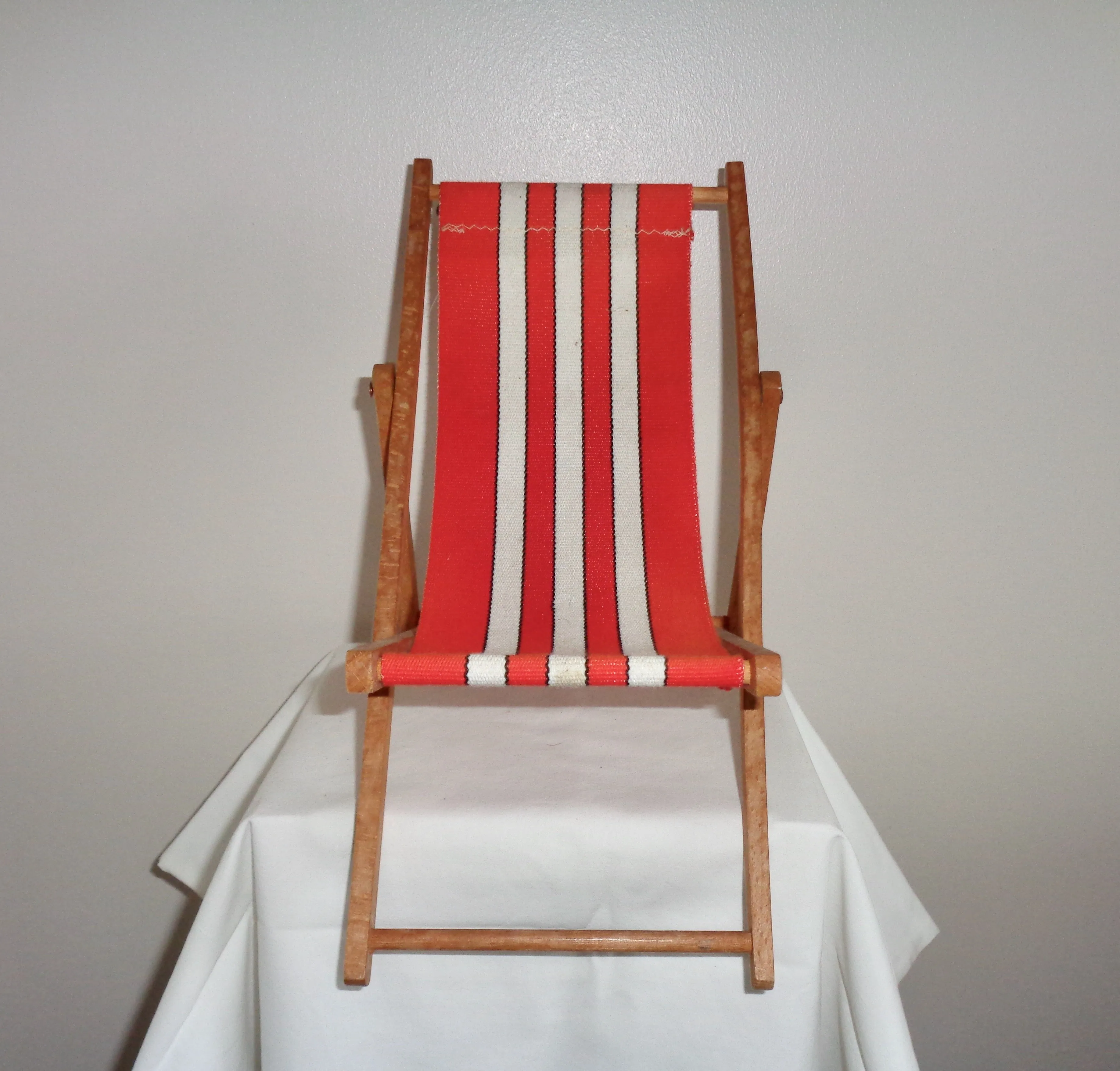 Vintage Miniature Toy Deck Chair Made From Wood & Canvas