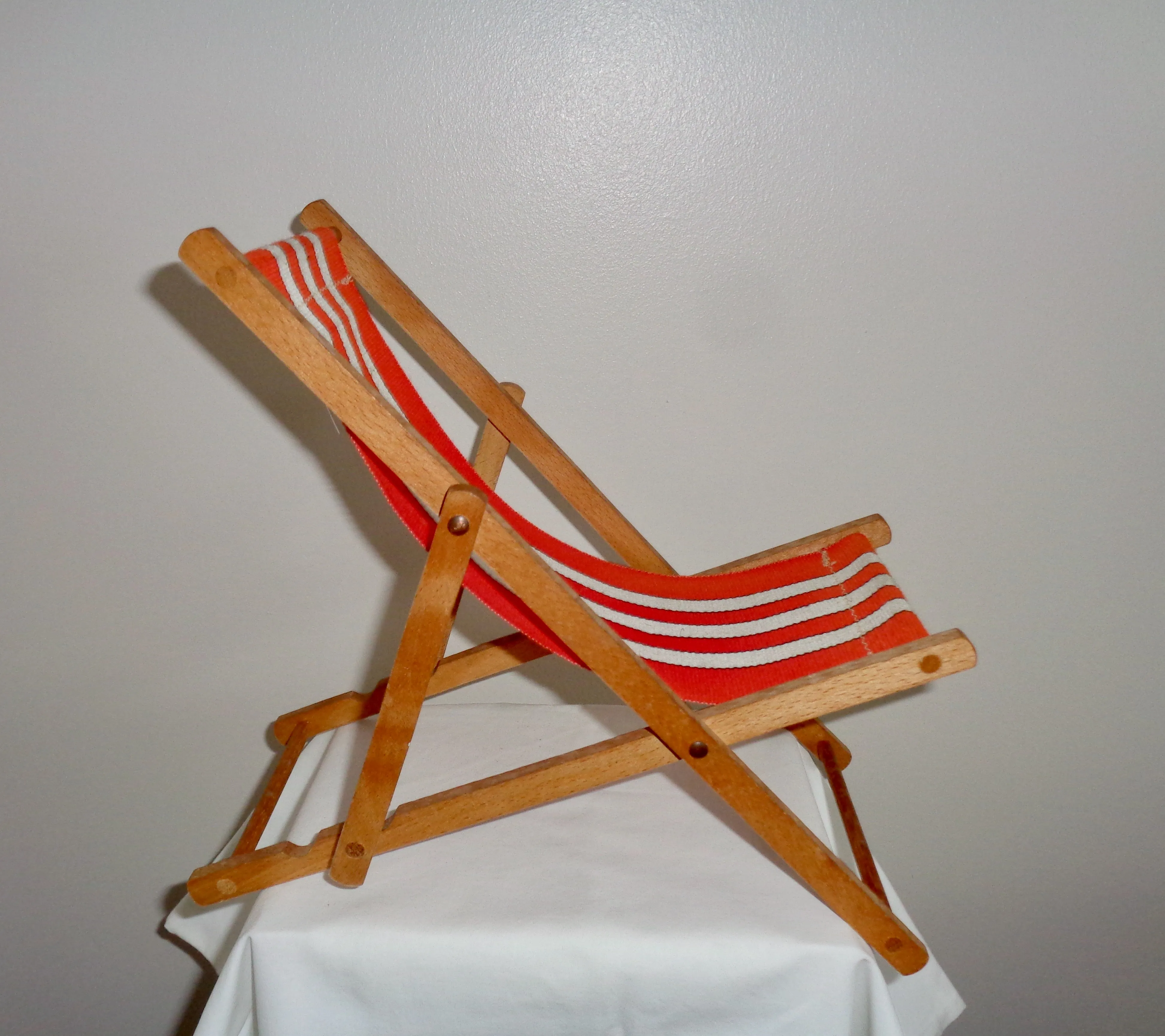 Vintage Miniature Toy Deck Chair Made From Wood & Canvas